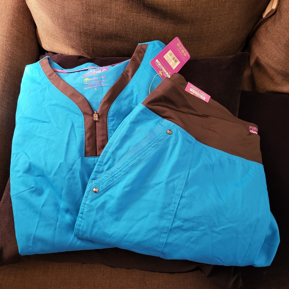 Healing hands yoga scrub set vivid blue large top and xlarge petite bottoms